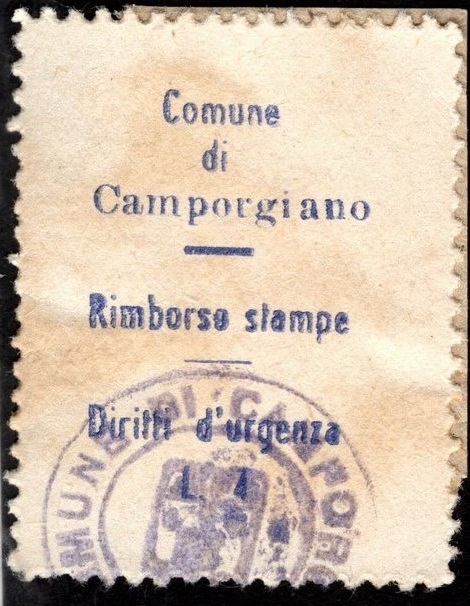 Marca da Bollo del Comune di CAMPORGIANO su Carta Bianca di dimensioni 23 x 27,5 mm