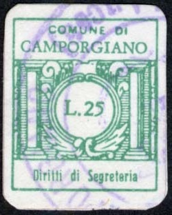 Marca da Bollo del Comune di CAMPORGIANO su Carta Bianca di dimensioni 15 x 17,5 mm