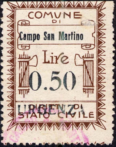 Marca da Bollo del Comune di CAMPO SAN MARTINO su Carta Bianca Sottile di dimensioni 27 x 35 mm
