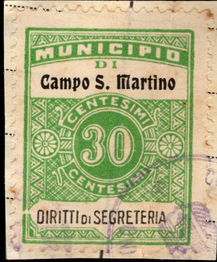 Marca da Bollo del Comune di CAMPO SAN MARTINO su Carta Bianca Sottile di dimensioni 22 x 28 mm