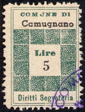 Marca da Bollo del Comune di CAMUGNANO su Carta Bianca di dimensioni 19 x 28 mm