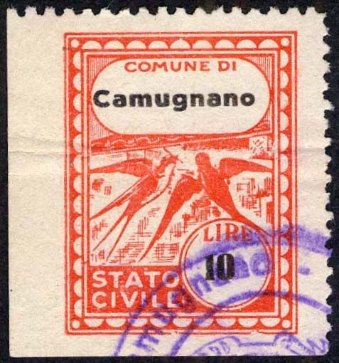 Marca da Bollo del Comune di CAMUGNANO su Carta Bianca di dimensioni 22 x 29 mm
