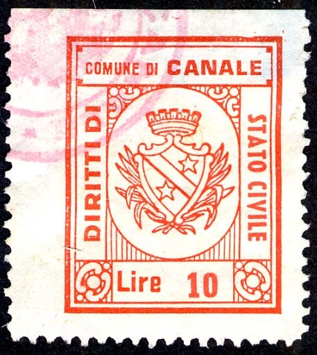 Marca da Bollo del Comune di CANALE su Carta Bianca di dimensioni 22 x 27,5 mm
