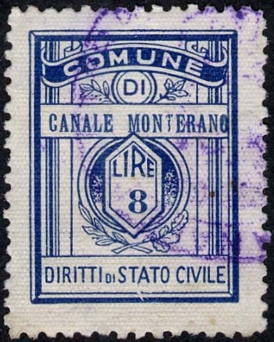Marca da Bollo del Comune di CANALE MONTERANO su Carta Bianca di dimensioni 21,5 x 28,5 mm