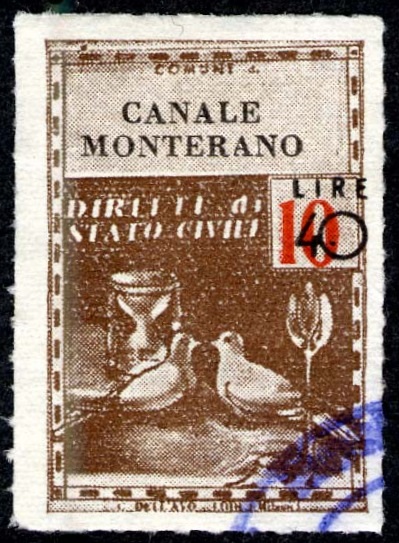 Marca da Bollo del Comune di CANALE MONTERANO su Carta Bianca Sottile di dimensioni 21,5 x 32 mm