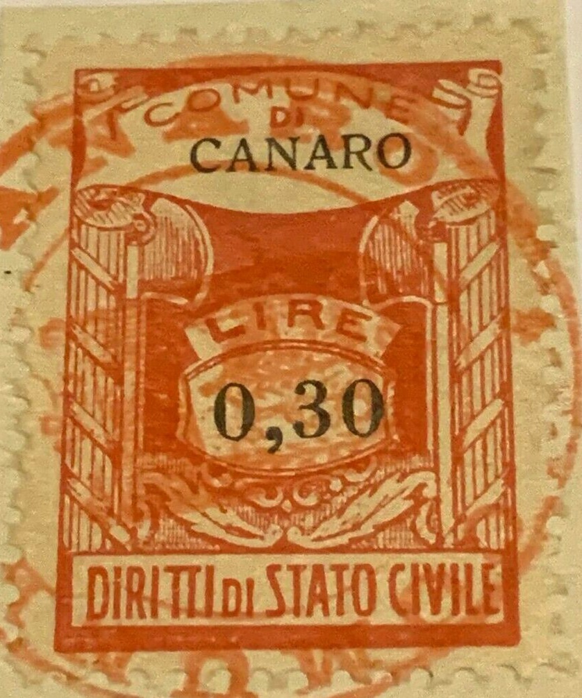 Marca da Bollo del Comune di CANARO su Carta Bianca Sottile di dimensioni 21,5 x 33 mm