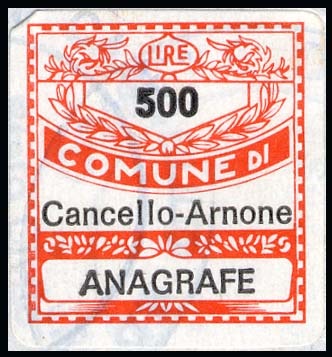 Marca da Bollo del Comune di CANCELLO ED ARNONE su Carta Bianca di dimensioni 19 x 21 mm