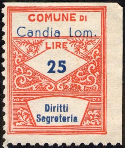 Marca da Bollo del Comune di CANDIA LOMELLINA su Carta Bianca Sottile di dimensioni 22 x 28 mm