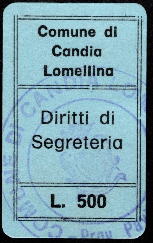 Marca da Bollo del Comune di CANDIA LOMELLINA su Carta Colorata di dimensioni 14 x 31 mm