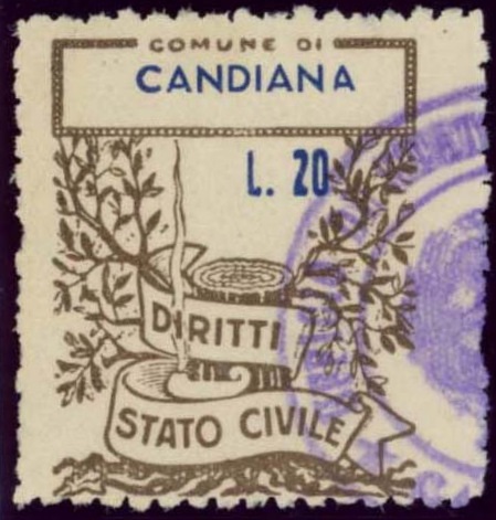 Marca da Bollo del Comune di CANDIANA su Carta Bianca di dimensioni 22 x 27 mm