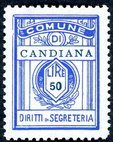 Marca da Bollo del Comune di CANDIANA su Carta Bianca di dimensioni 21,5 x 28,5 x mm