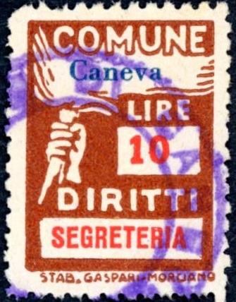 Marca da Bollo del Comune di CANEVA su Carta Bianca Sottile di dimensioni 18,5 x 26 mm