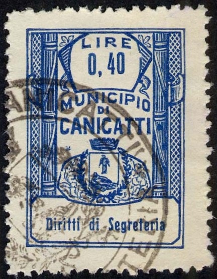Marca da Bollo del Comune di CANICATTI su Carta Bianca Sottile di dimensioni 21,5 x 30 mm