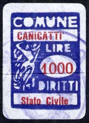 Marca da Bollo del Comune di CANICATTI su Carta Bianca Sottile di dimensioni 15,5 x 22 mm