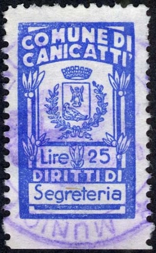 Marca da Bollo del Comune di CANICATTI su Carta Bianca di dimensioni 16,5 x 28 mm