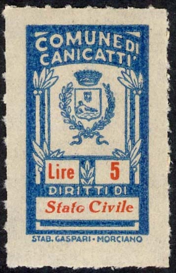 Marca da Bollo del Comune di CANICATTI su Carta Bianca di dimensioni 17 x 28 mm