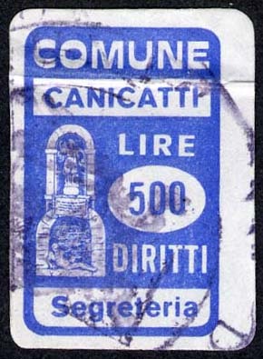 Marca da Bollo del Comune di CANICATTI su Carta Bianca di dimensioni 15 x 24 mm