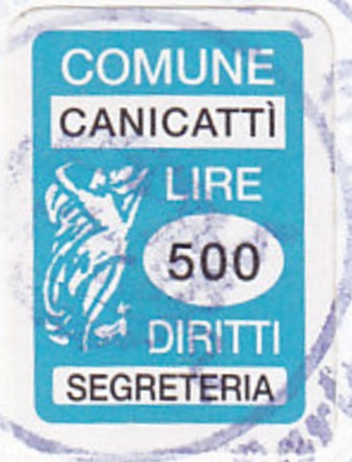 Marca da Bollo del Comune di CANICATTI su Carta Bianca di dimensioni 14,5 x 21 mm