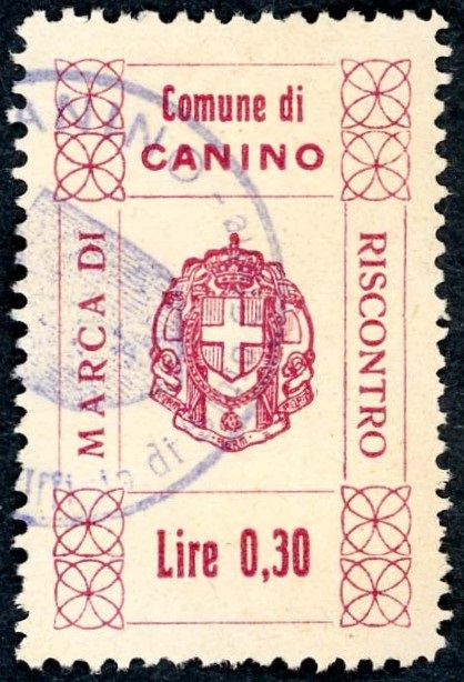 Marca da Bollo del Comune di CANINO su Carta Bianca Sottile di dimensioni 22,5 x 35,5 mm