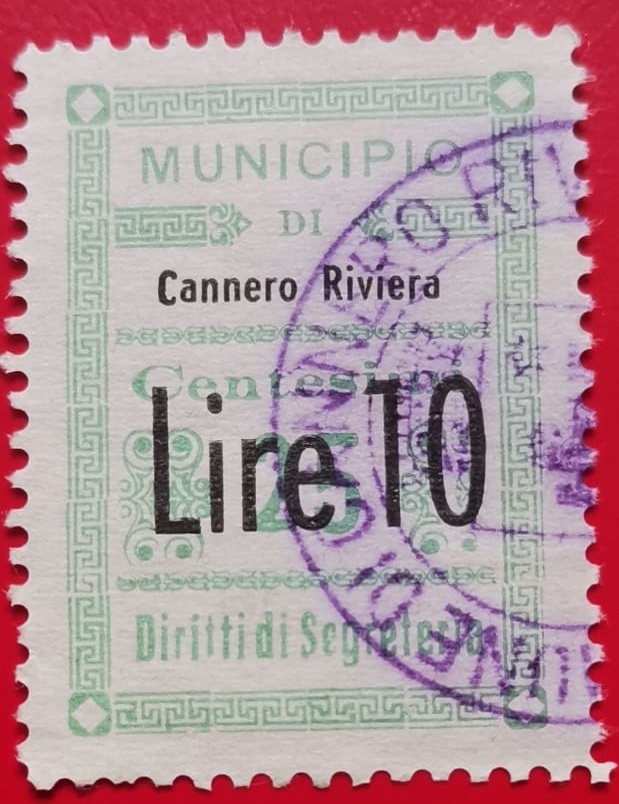 Marca da Bollo del Comune di CANNERO RIVIERA su Carta Bianca Sottile di dimensioni 23 x 32 mm