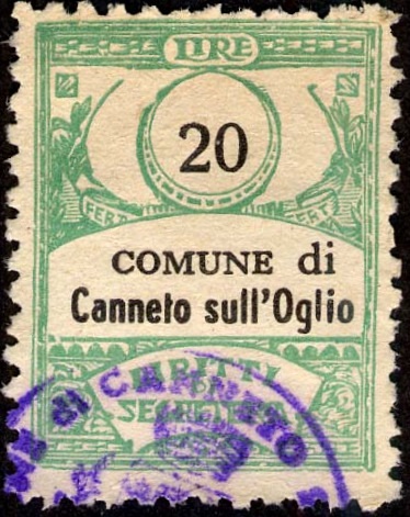 Marca da Bollo del Comune di CANNETO SULL´OGLIO su Carta Bianca di dimensioni 21,5 x 28,5 mm