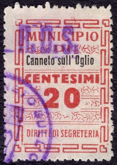 Marca da Bollo del Comune di CANNETO SULL´OGLIO su Carta Bianca di dimensioni 21,5 x 28,5 mm