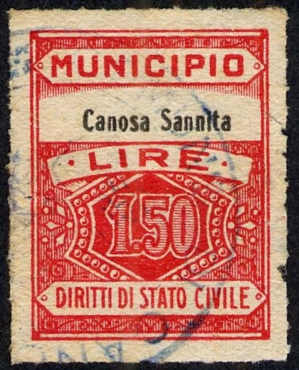 Marca da Bollo del Comune di CANOSA SANNITA su Carta Bianca Sottile di dimensioni 22 x 29 mm