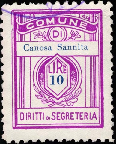Marca da Bollo del Comune di CANOSA SANNITA su Carta Bianca di dimensioni 21,5 x 28,5 mm