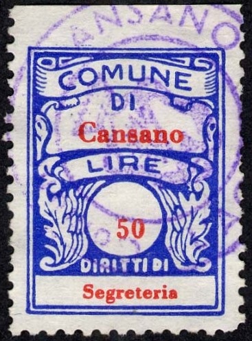 Marca da Bollo del Comune di CANSANO su Carta Bianca Sottile di dimensioni 20 x 27 mm