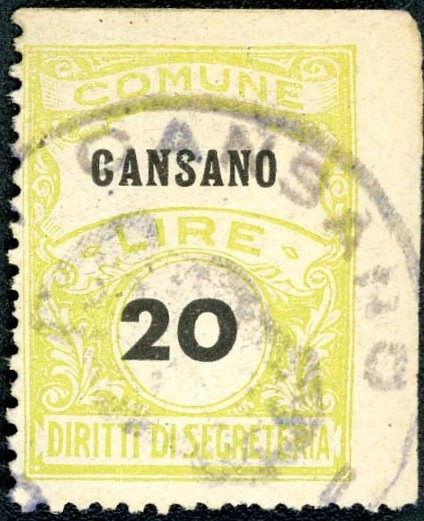 Marca da Bollo del Comune di CANSANO su Carta Bianca Sottile di dimensioni 22,5 x 29 mm