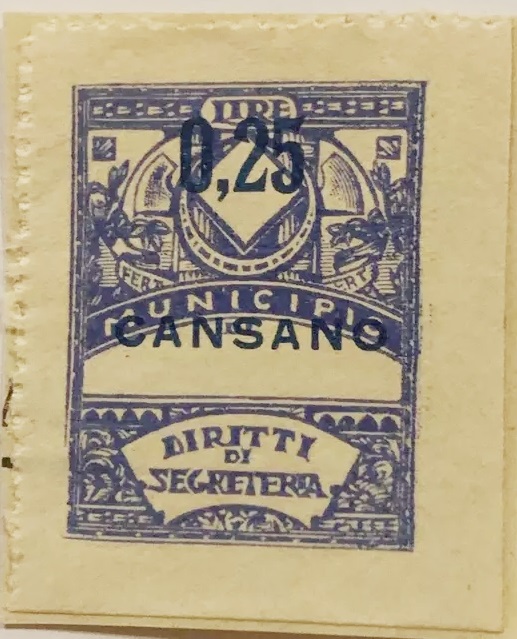 Marca da Bollo del Comune di CANSANO su Carta Bianca di dimensioni 23 x 29 mm