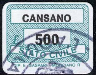 Marca da Bollo del Comune di CANSANO su Carta Bianca di dimensioni 19 x 14 mm