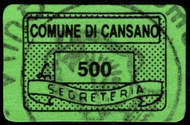 Marca da Bollo del Comune di CANSANO su Carta Colorata di dimensioni 19 x 14 mm