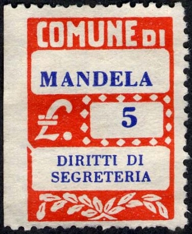 Marca da Bollo del Comune di MANDELA su Carta Bianca di dimensioni 20 x 28 mm