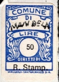 Marca da Bollo del Comune di MANDELA su Carta Bianca di dimensioni 15 x 22 mm