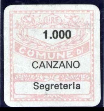 Marca da Bollo del Comune di CANZANO su Carta Bianca di dimensioni 19 x 21 mm