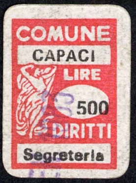 Marca da Bollo del Comune di CAPACI su Carta Bianca di dimensioni 14,5 x 19,5 mm