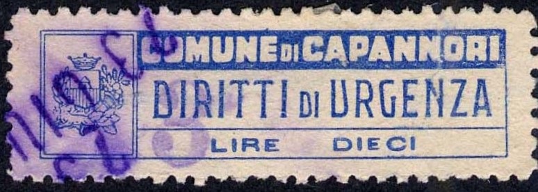 Marca da Bollo del Comune di CAPANNORI su Carta Bianca di dimensioni 42,5 x 11,5 mm
