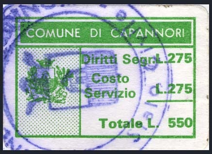 Marca da Bollo del Comune di CAPANNORI su Carta Bianca di dimensioni 26 x 17,5 mm
