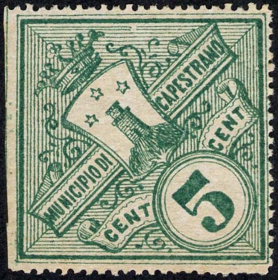 Marca da Bollo del Comune di CAPESTRANO su Carta Bianca Sottile di dimensioni 34,5 x 34,5 mm