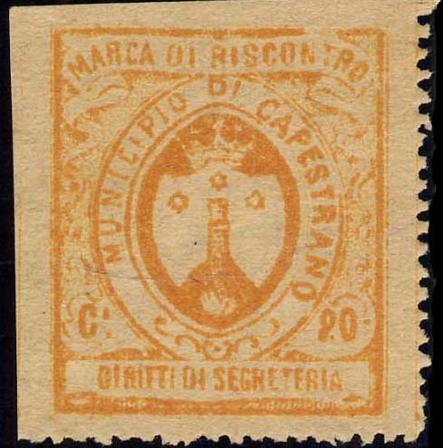 Marca da Bollo del Comune di CAPESTRANO su Carta Bianca Sottile di dimensioni 26 x 29 mm