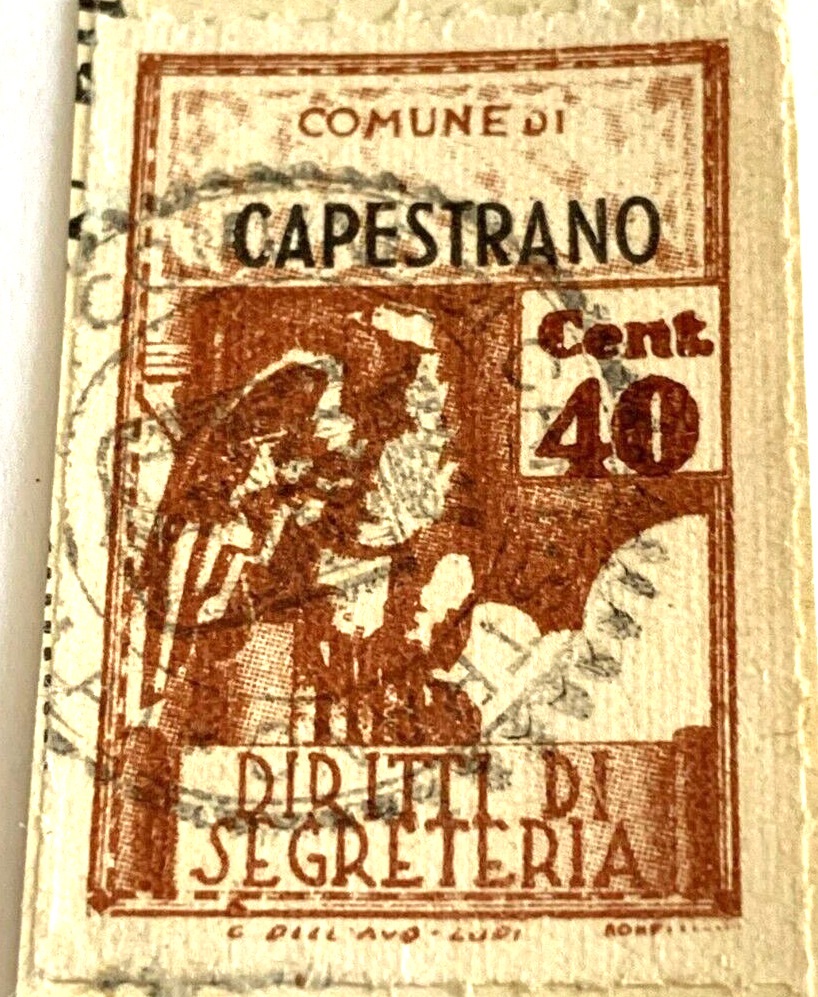 Marca da Bollo del Comune di CAPESTRANO su Carta Bianca Sottile di dimensioni 22 X 33 mm