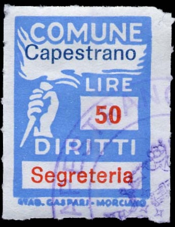 Marca da Bollo del Comune di CAPESTRANO su Carta Bianca Sottile di dimensioni 21 X 27 mm