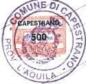Marca da Bollo del Comune di CAPESTRANO su Carta Bianca di dimensioni 19 x 14 mm