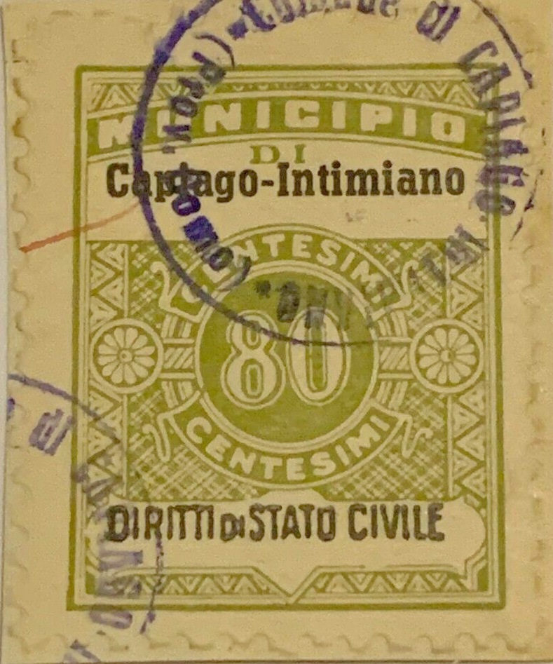 Marca da Bollo del Comune di CAPIAGO INTIMIANO su Carta Bianca Sottile di dimensioni 23 x 31,5 mm