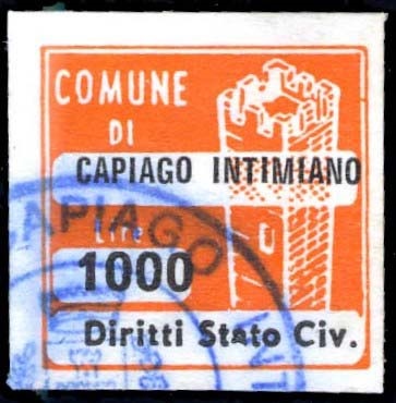 Marca da Bollo del Comune di CAPIAGO INTIMIANO su Carta Bianca di dimensioni 20 x 20 mm