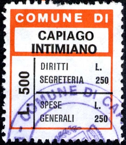 Marca da Bollo del Comune di CAPIAGO INTIMIANO su Carta Bianca di dimensioni 24 x 28 mm