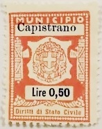 Marca da Bollo del Comune di CAPISTRANO su Carta Bianca di dimensioni 20,5 x 27,5 mm