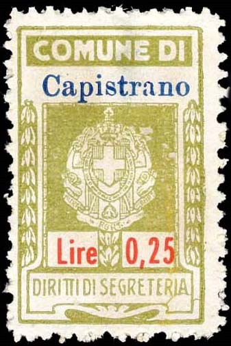 Marca da Bollo del Comune di CAPISTRANO su Carta Bianca di dimensioni 17,5 x 30,5 mm
