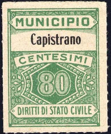 Marca da Bollo del Comune di CAPISTRANO su Carta Bianca di dimensioni 22,5 x 29 mm